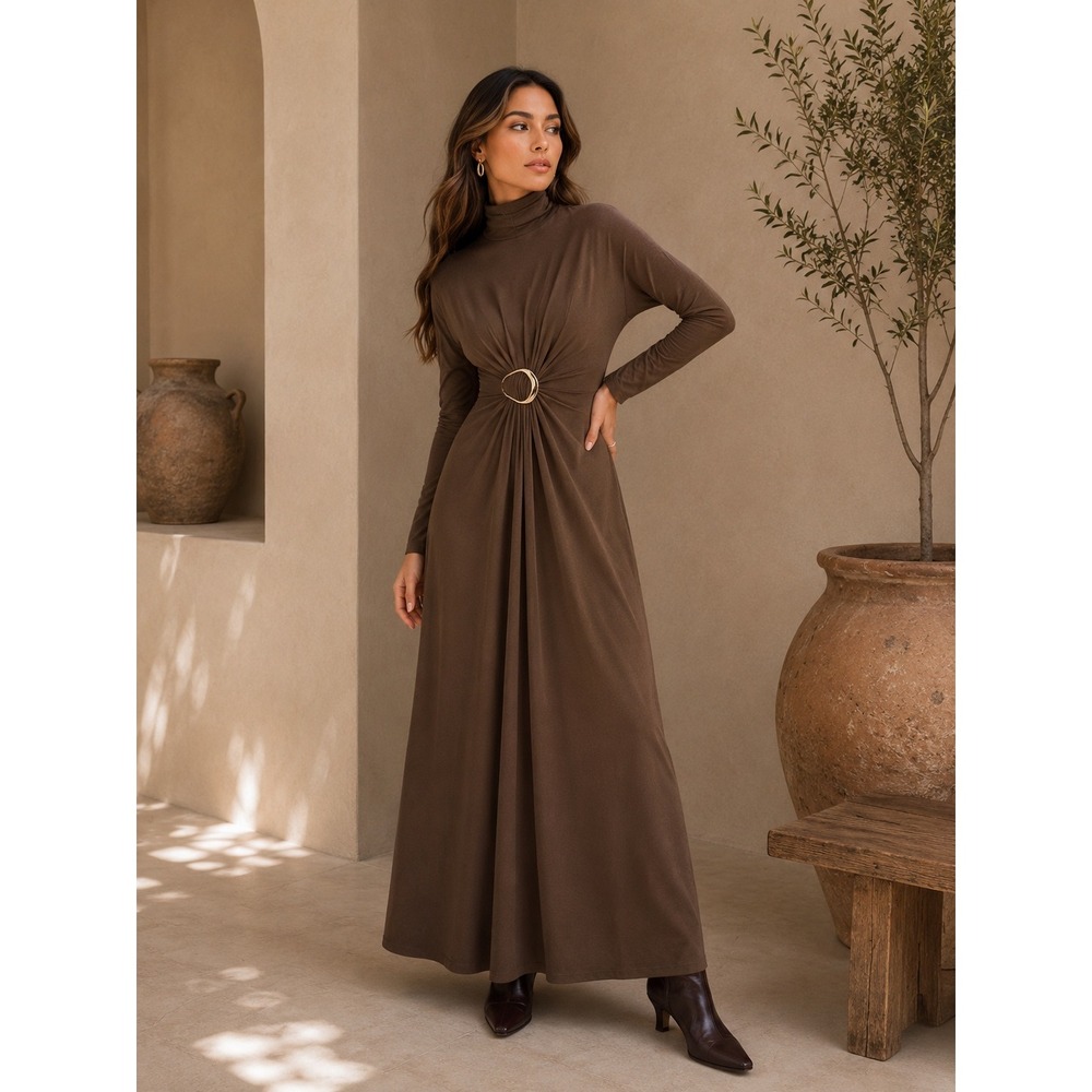 Commense Elegant Brown Mock Neck Draped Maxi Dress Gold Buckle Size M